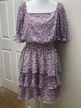 Leyden Lavender Floral Puff Sleeve Tiered Mini Dress